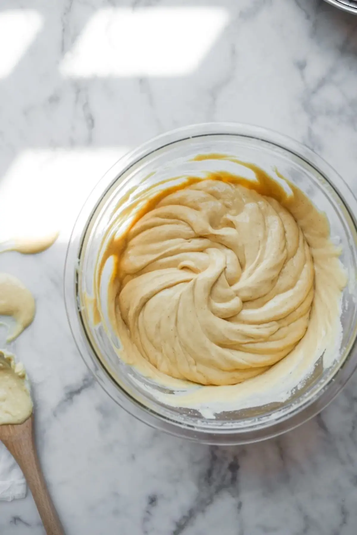Banana cream pie cupcake batter in a mixing bowl with a spatula on a marble surface during cupcake preparation.