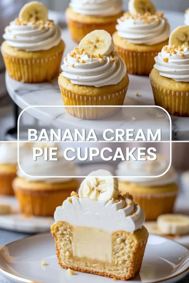 Banana cream pie cupcakes hero image showing frosted cupcakes and a cut-open filled cupcake with recipe title text.