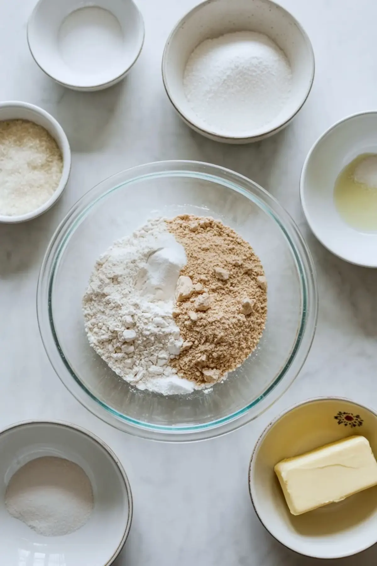 Ingredients for banana cream pie cupcakes arranged on a marble surface with flour, sugar, butter, eggs, milk, and baking staples.