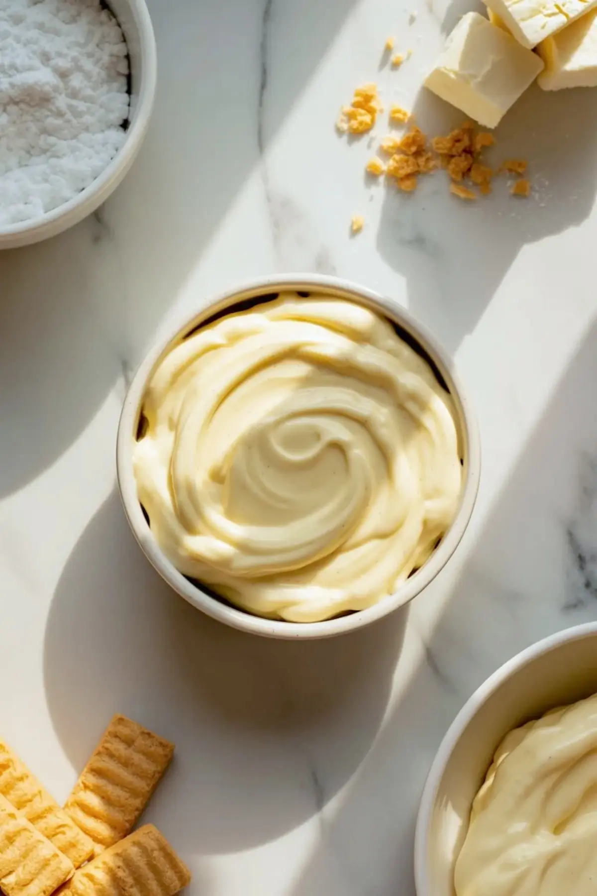 Small cups of smooth banana pudding style filling with vanilla wafers and powdered sugar around them on a white marble surface.