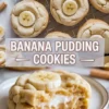 Banana pudding cookies hero image with a split filled cookie, creamy banana center, and title text over a white marble background.
