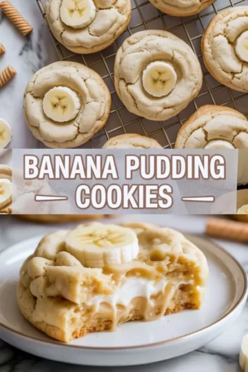 Banana pudding cookies hero image with a split filled cookie, creamy banana center, and title text over a white marble background.