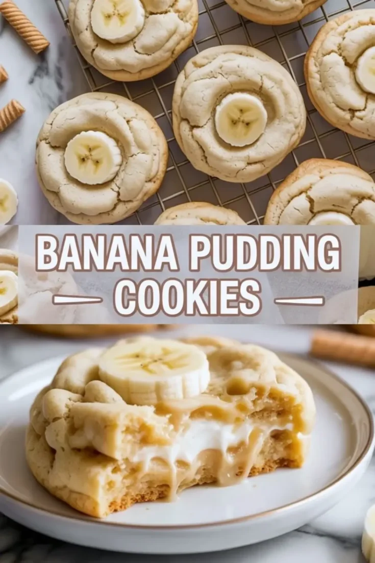 Banana pudding cookies hero image with a split filled cookie, creamy banana center, and title text over a white marble background.
