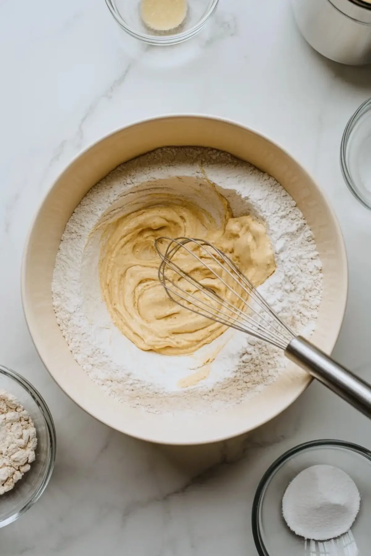 Creamy banana pudding cookie filling being whisked in a bowl with powdered ingredients around it on a white marble surface.