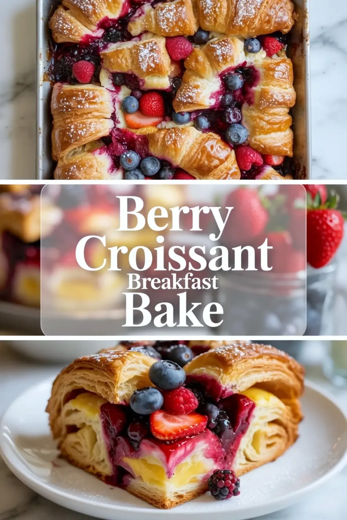 Berry croissant breakfast bake collage with the baked casserole, title text, and a plated slice showing flaky croissant layers, berries, and custard.