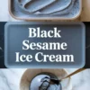 Black sesame ice cream is shown in a container and scooped into a bowl in a finished hero collage with title overlay.