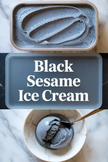 Black sesame ice cream is shown in a container and scooped into a bowl in a finished hero collage with title overlay.