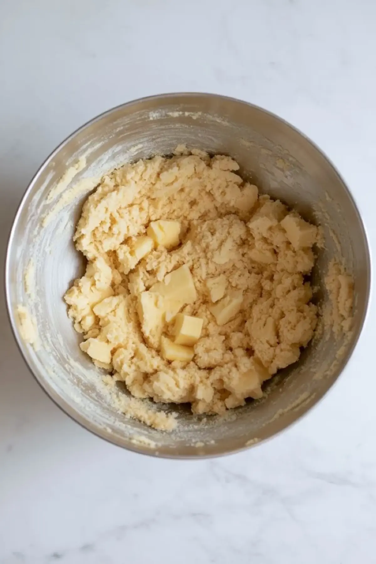 Crumbly dough for blackberry cobbler bars sits in a metal bowl before being pressed into the pan and scattered on top.