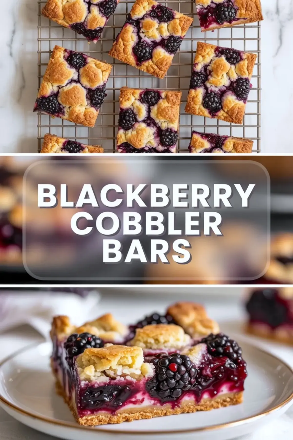 Blackberry cobbler bars are shown on a cooling rack and plated in a finished vertical collage image.