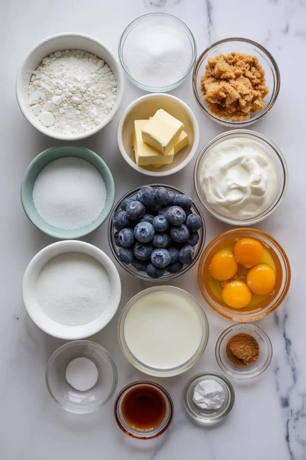 Ingredients for blueberry sour cream coffee cake are arranged with blueberries, sour cream, flour, sugar, butter, eggs, milk, and vanilla.