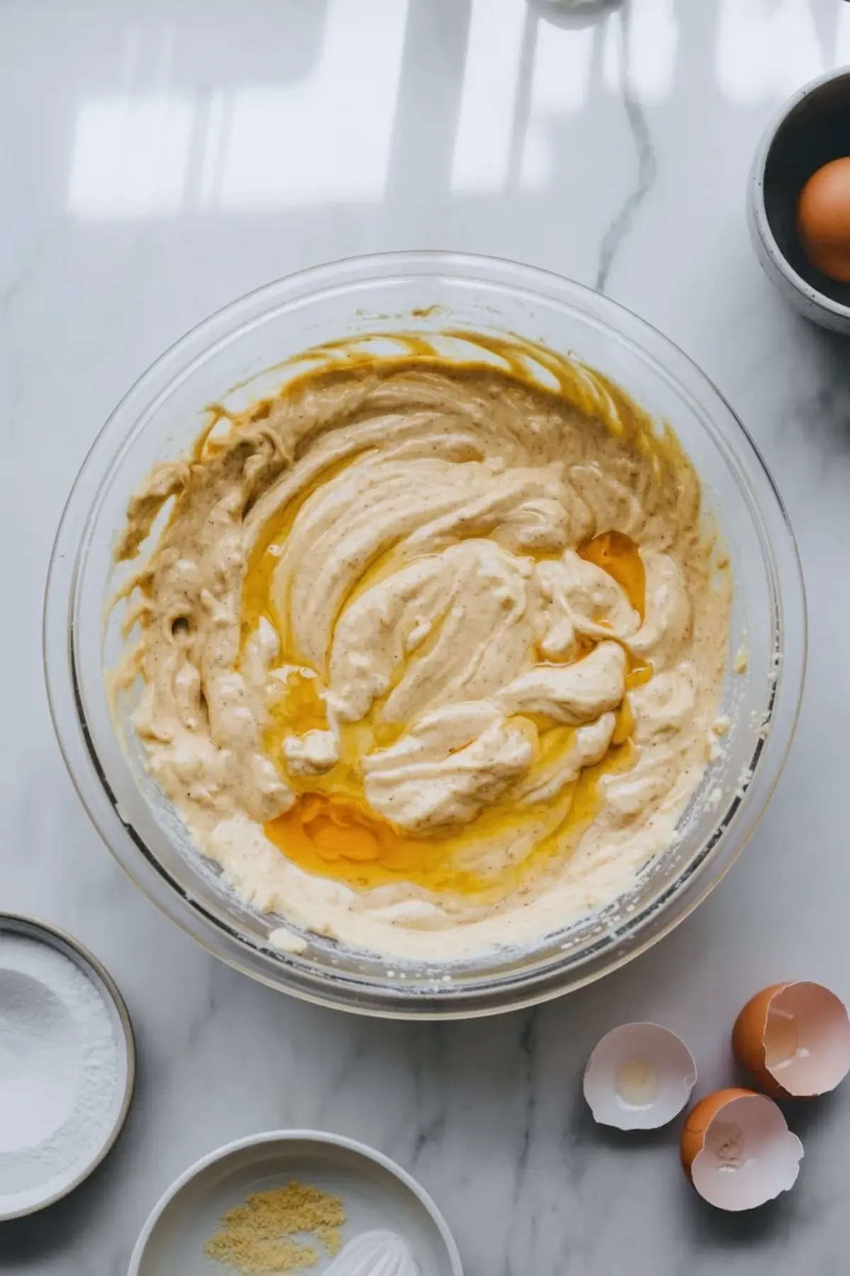 Chamomile cake batter in a yellow mixing bowl with eggshells and ingredient bowls nearby, showing the thick mixed batter before baking.