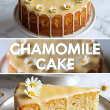 Chamomile cake collage with a glazed daisy topped cake, a sliced interior view, and title text, styled as a tall recipe hero on a light background.