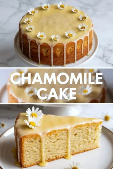 Chamomile cake collage with a glazed daisy topped cake, a sliced interior view, and title text, styled as a tall recipe hero on a light background.