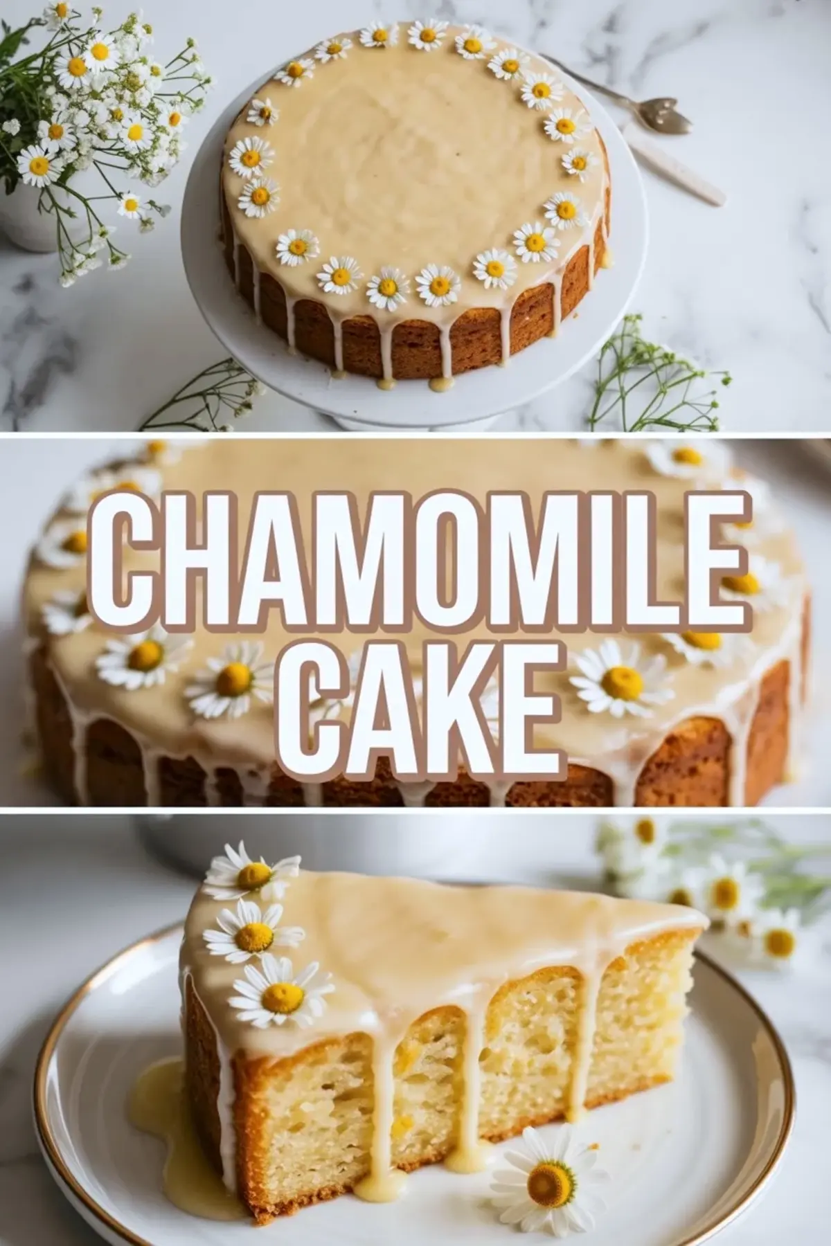 Chamomile cake collage-style image with the glazed cake on a stand, title band, and a plated slice below, used as the closing visual.