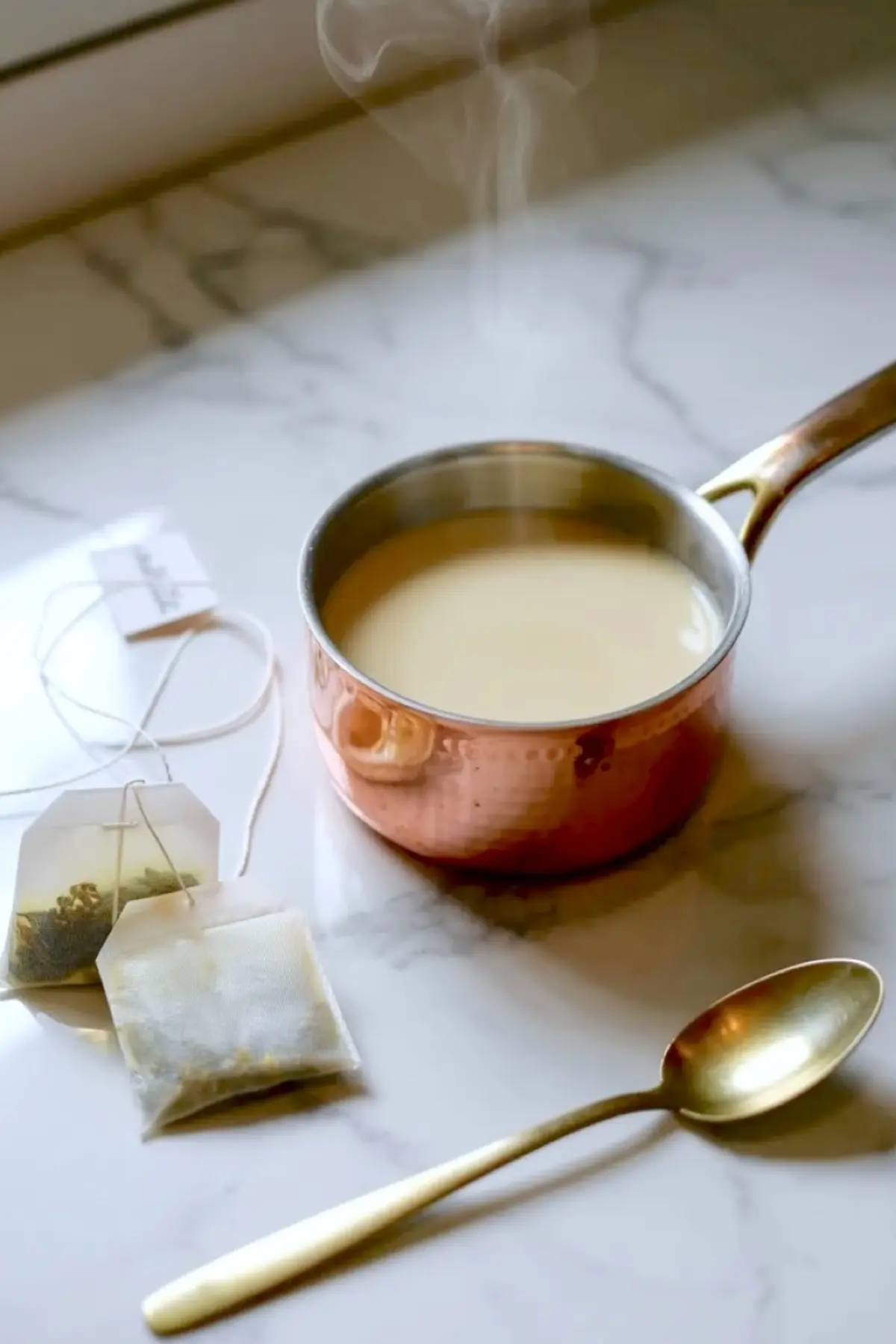 Chamomile tea steeping in warm milk in a copper saucepan with tea bags and spoon, showing the floral infusion step for chamomile cake.