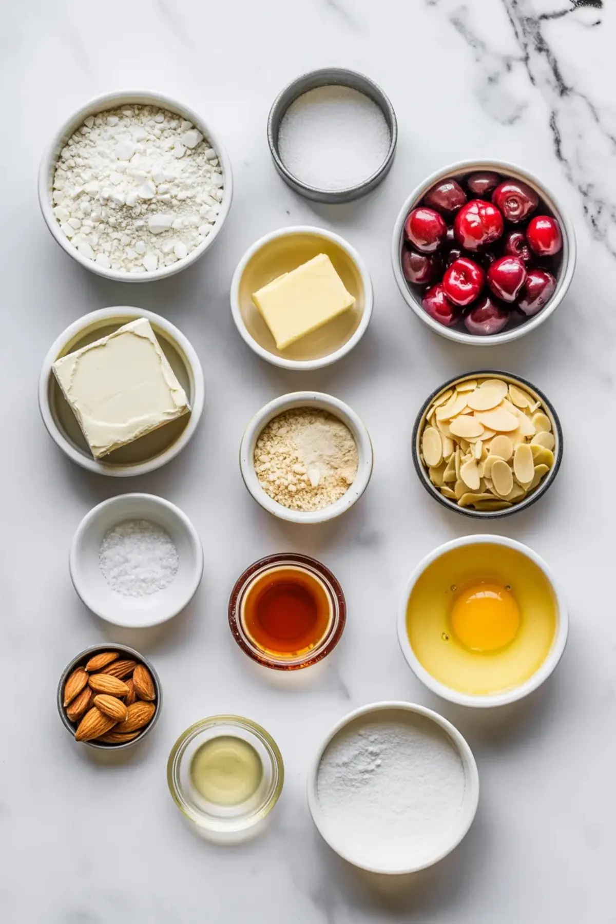 Ingredients for cherry almond cookies arranged overhead with cherries, flour, sugar, butter, cream cheese, egg, almond extract, and sliced almonds.