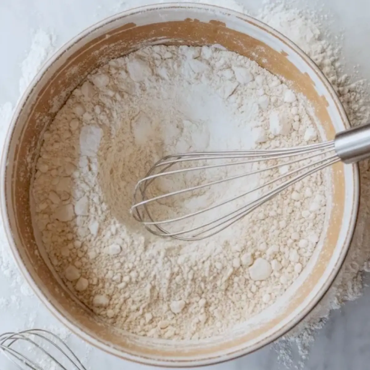 Dry ingredients for cherry almond cookies whisked together in a bowl before mixing into the dough.