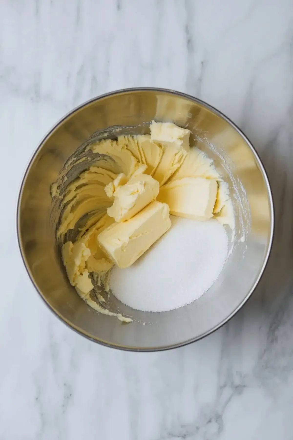 Butter and sugar mixing in a metal bowl during the early stage of cherry almond cookie dough preparation.