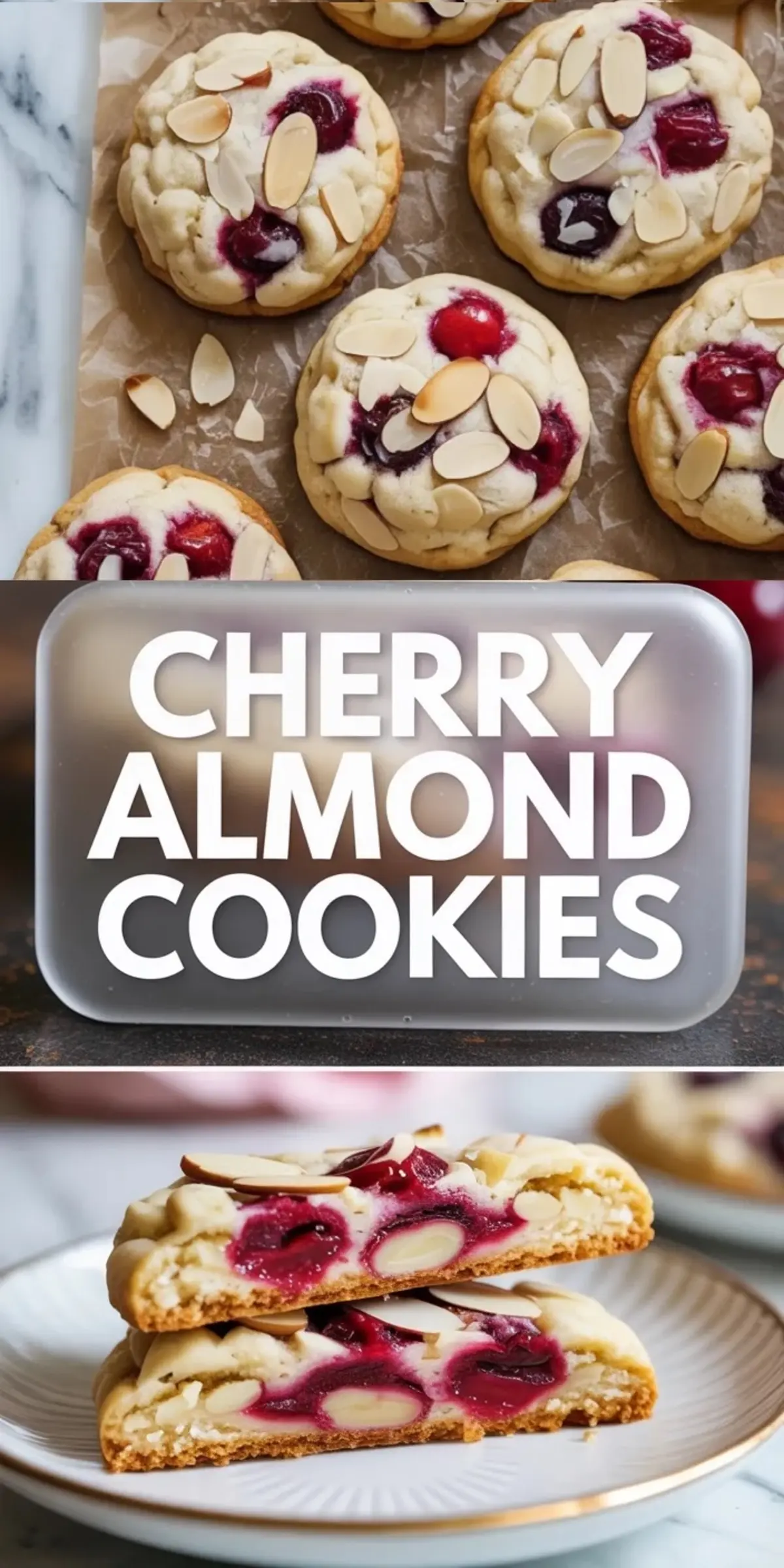 Tall cherry almond cookies collage featuring baked cookies, title panel, and sliced cookies on a plate.
