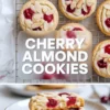 Cherry almond cookies hero image showing finished cookies on a rack and plated sliced cookies with recipe title text.