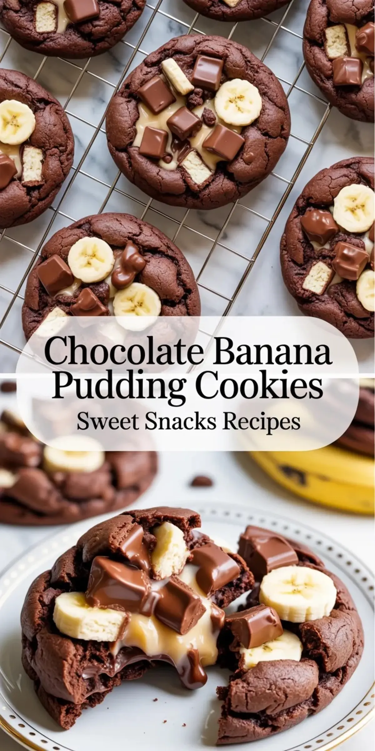 Tall chocolate banana pudding cookies collage with finished cookies on a rack, title panel, and a broken cookie showing banana pudding filling, banana slices, and chocolate chunks.