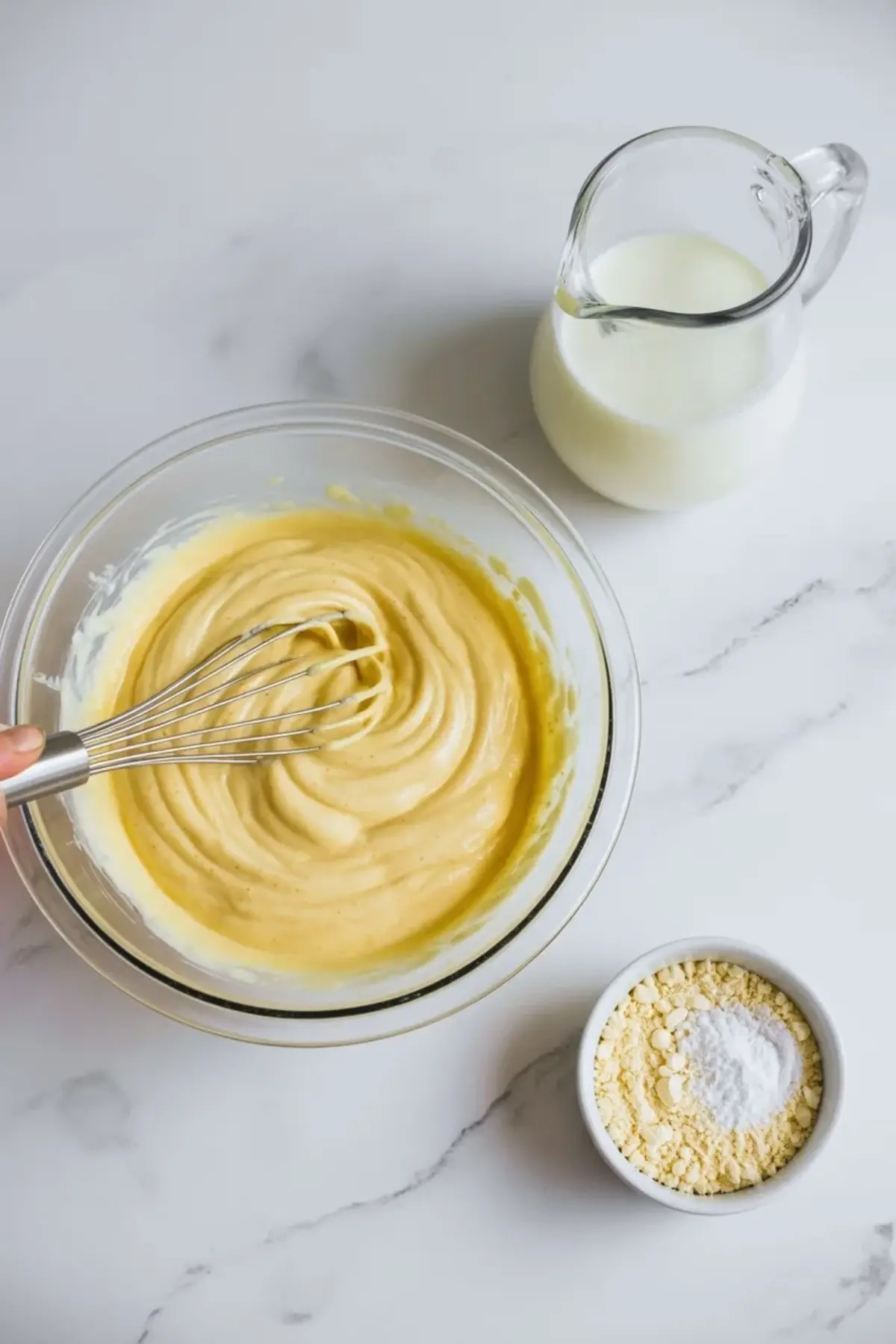 Banana pudding filling whisked smooth in a glass bowl with milk and pudding mix beside it on a white marble surface.