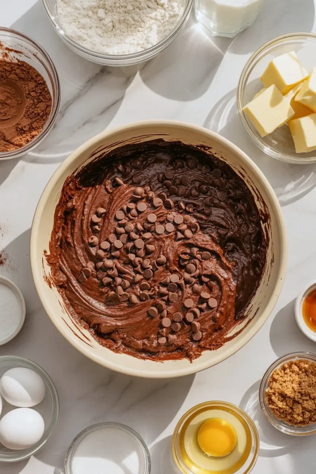 Chocolate cookie dough ingredients arranged around a bowl of cocoa cookie dough with chocolate chips, including flour, cocoa powder, butter, eggs, brown sugar, and vanilla.