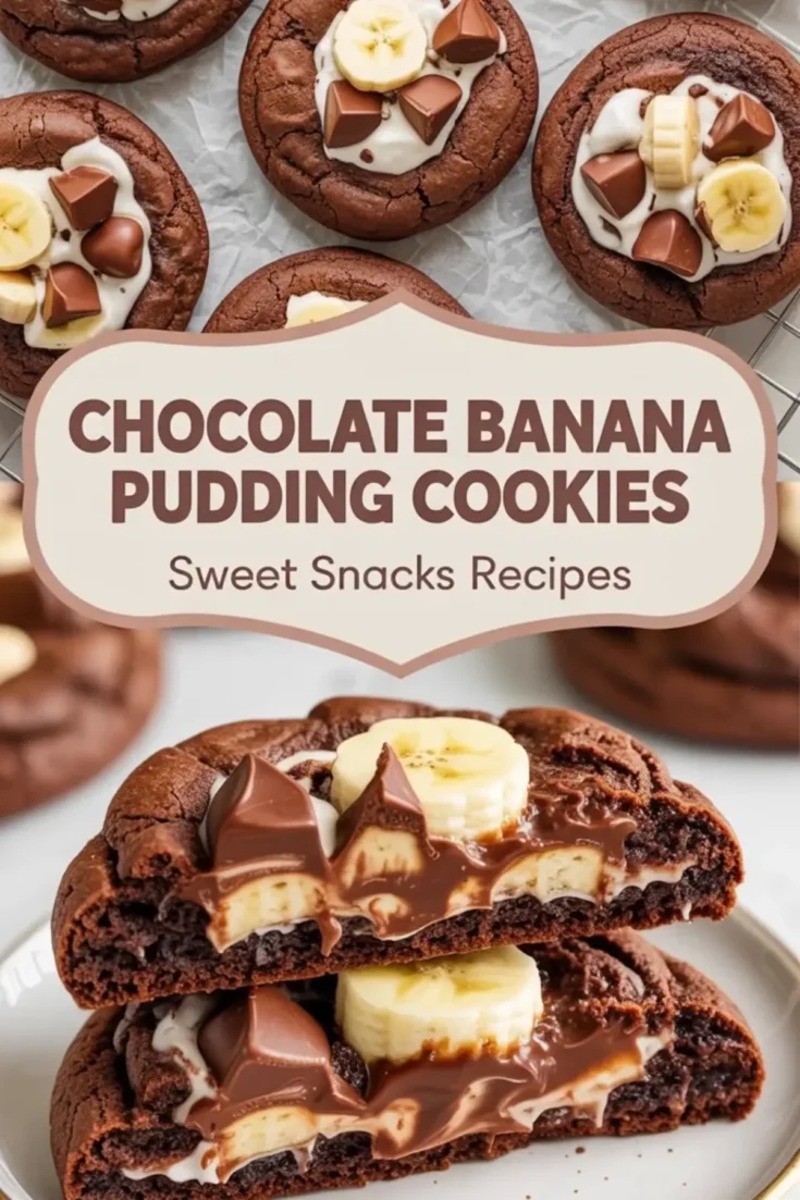 Chocolate banana pudding cookies hero image with a split stuffed cookie, banana slices, melted chocolate filling, and title text over a white marble background.