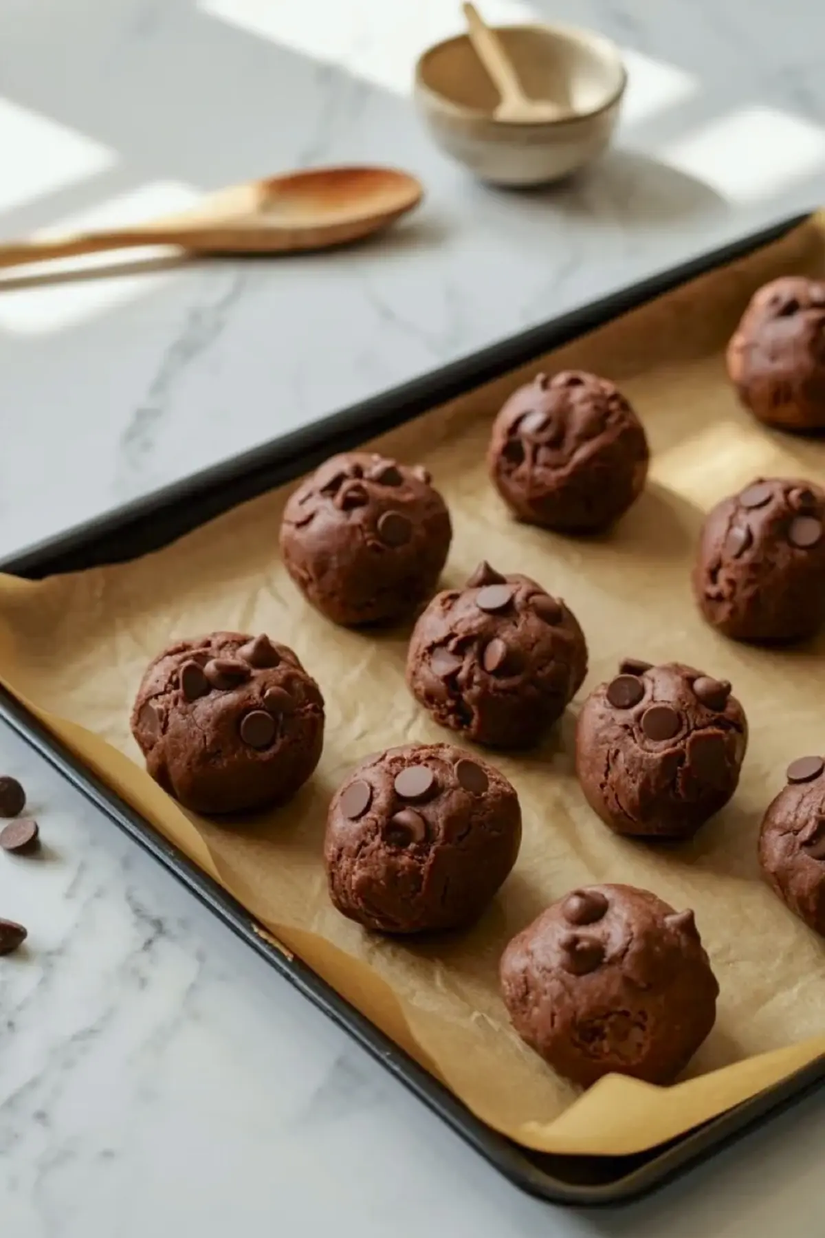 Chocolate cookie dough balls portioned on a parchment lined tray before baking for chocolate banana pudding cookies.