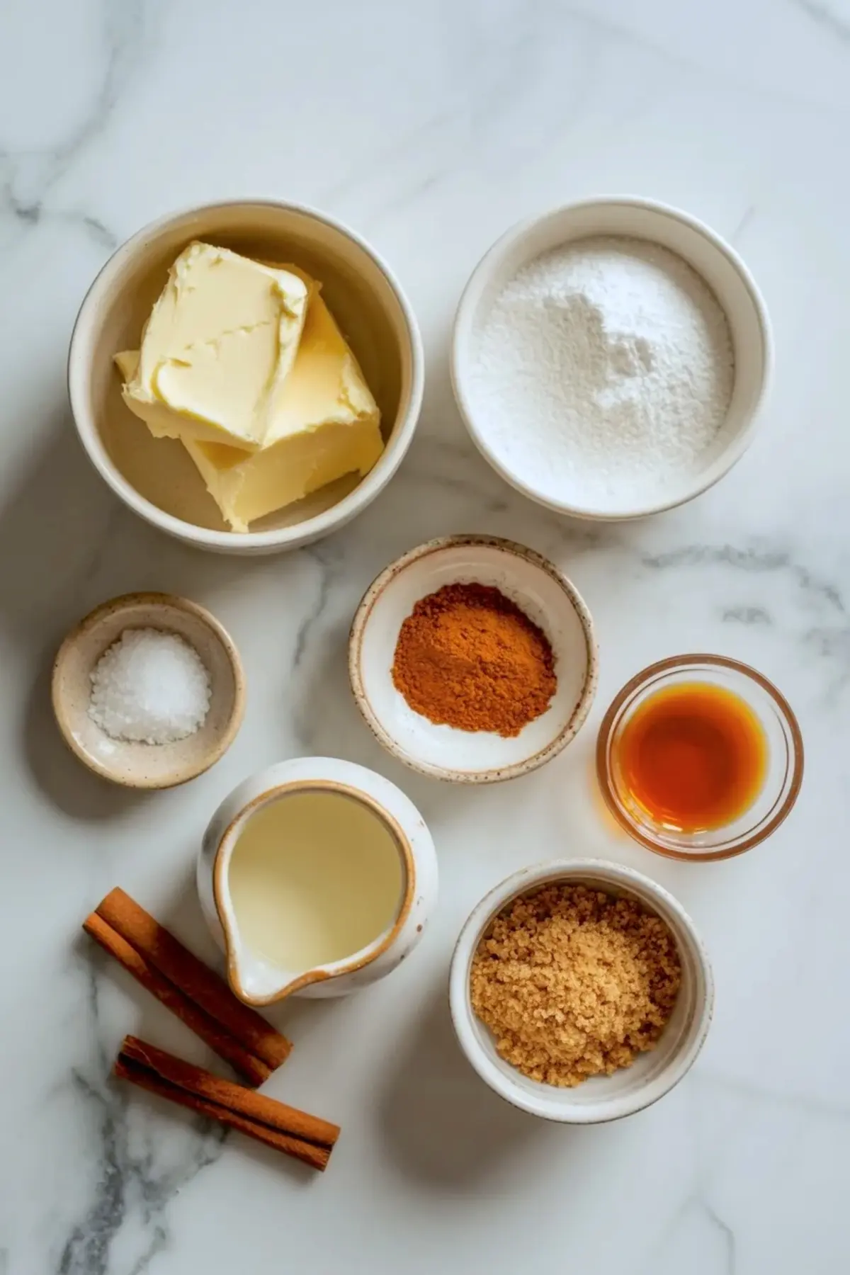 Ingredients for cinnamon buttercream frosting arranged overhead with butter, powdered sugar, brown sugar, cinnamon, vanilla, cream, salt, and cinnamon sticks on white marble.