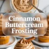 Cinnamon buttercream frosting shown in a bowl with a spatula and a frosted cupcake below, styled as a tall recipe hero image with text overlay on white marble.