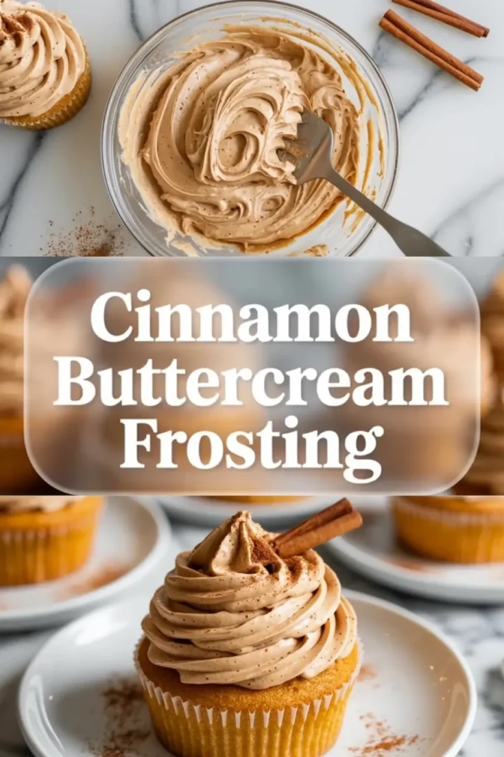 Cinnamon buttercream frosting shown in a bowl with a spatula and a frosted cupcake below, styled as a tall recipe hero image with text overlay on white marble.