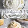 Coconut cream cheese frosting hero image showing a close swirl of frosting topped with coconut, title text, and a frosted cupcake on a white plate.