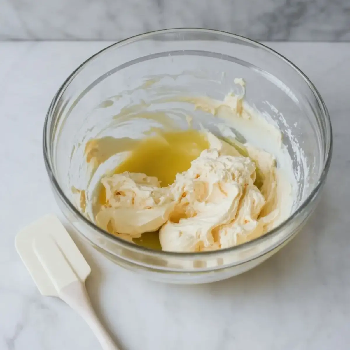 Softened cream cheese, butter, and coconut cream in a glass bowl before mixing the base for coconut cream cheese frosting.