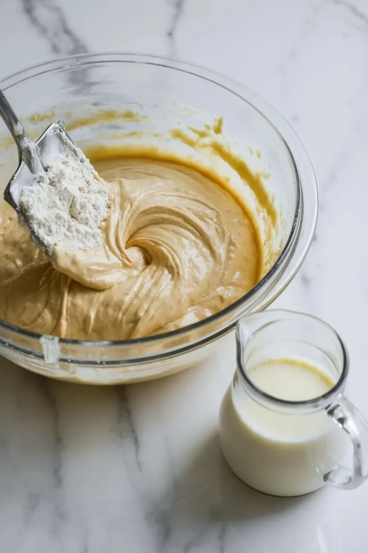 Thick coconut pound cake batter in a glass bowl with a spatula lifting the batter and a small pitcher of milk nearby on a marble counter.