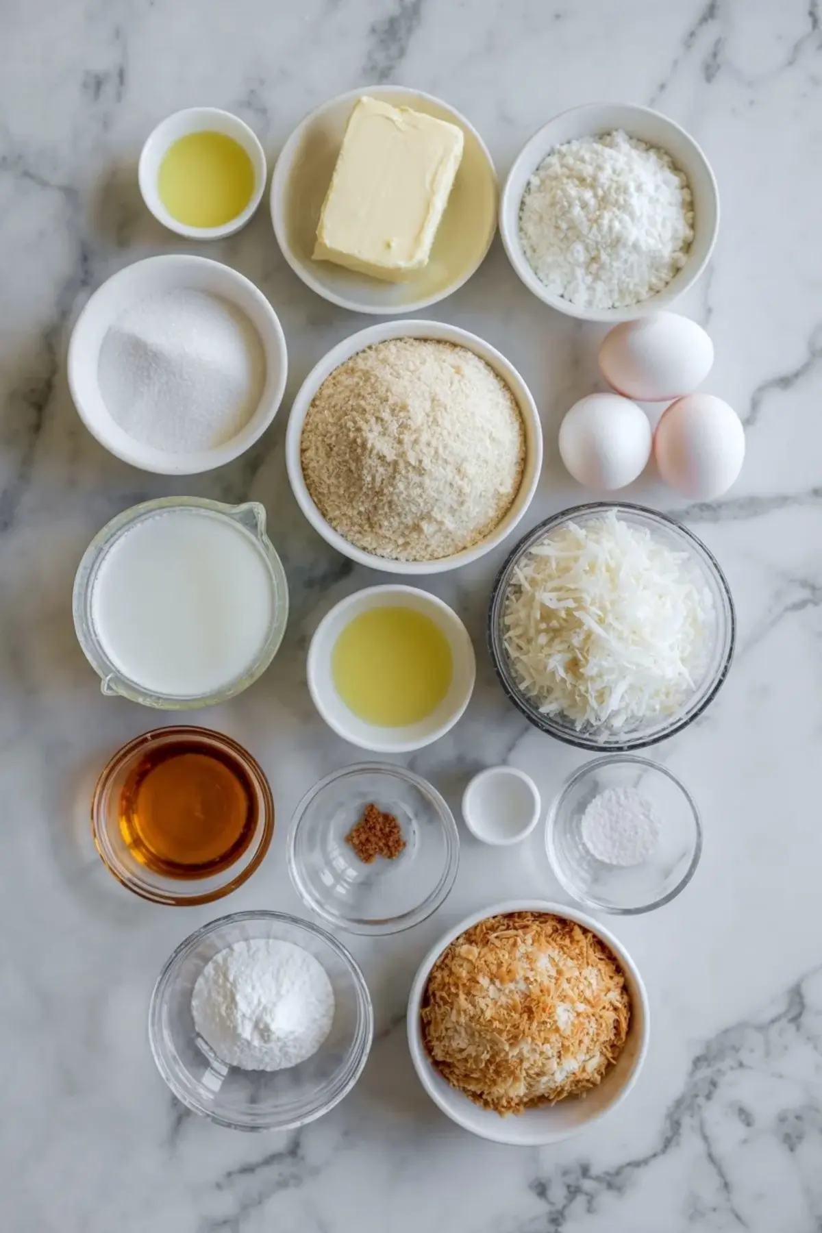 Ingredients for coconut cream cheese pound cake on white marble with butter, eggs, milk, sugar, flour, shredded coconut, toasted coconut, and baking ingredients in small bowls.