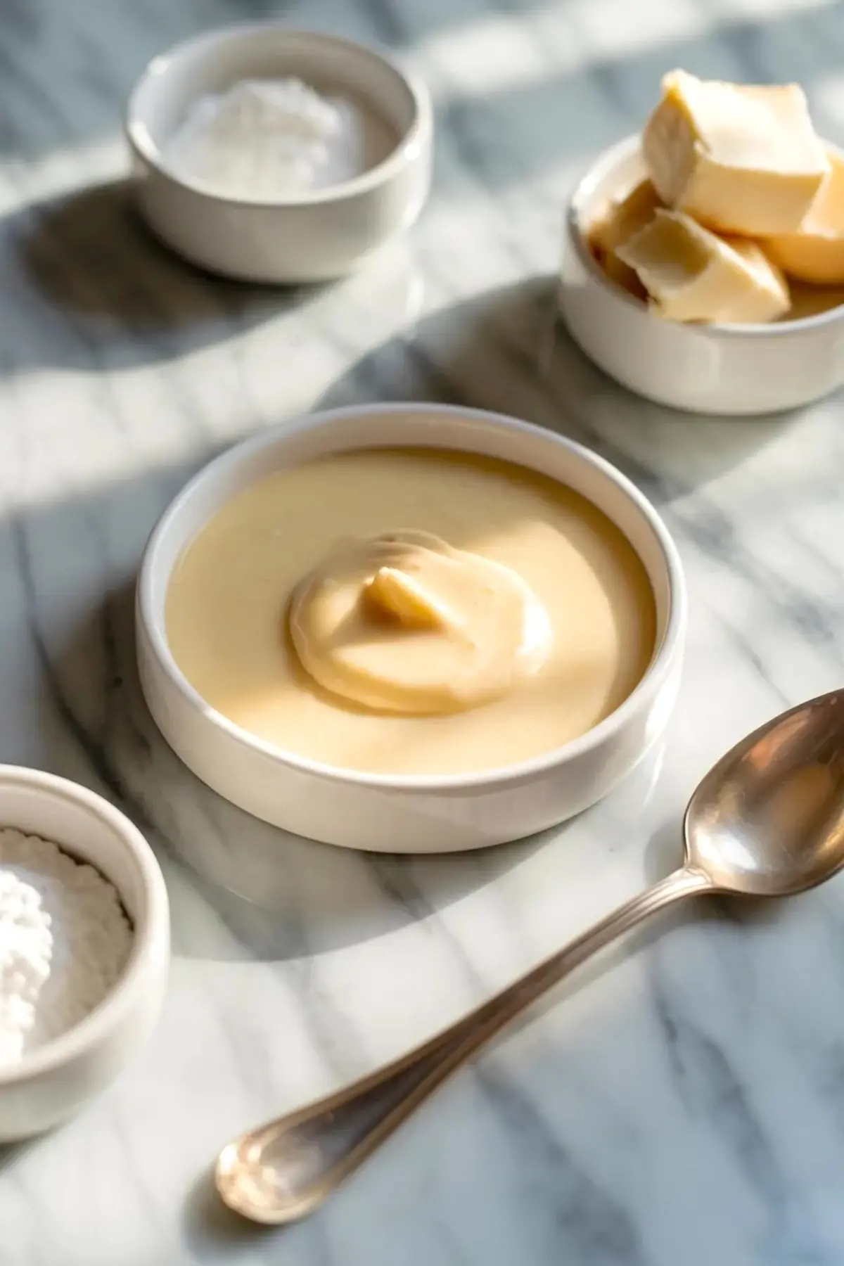 Cream cheese glaze ingredients for coconut pound cake in white bowls with butter, powdered sugar, and a spoon on a white marble surface.