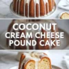 Coconut cream cheese pound cake recipe shown as a glazed Bundt cake and sliced piece topped with coconut on a light marble background.
