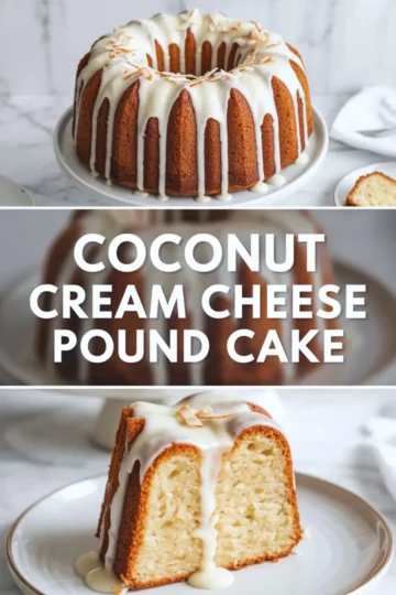 Coconut cream cheese pound cake recipe shown as a glazed Bundt cake and sliced piece topped with coconut on a light marble background.