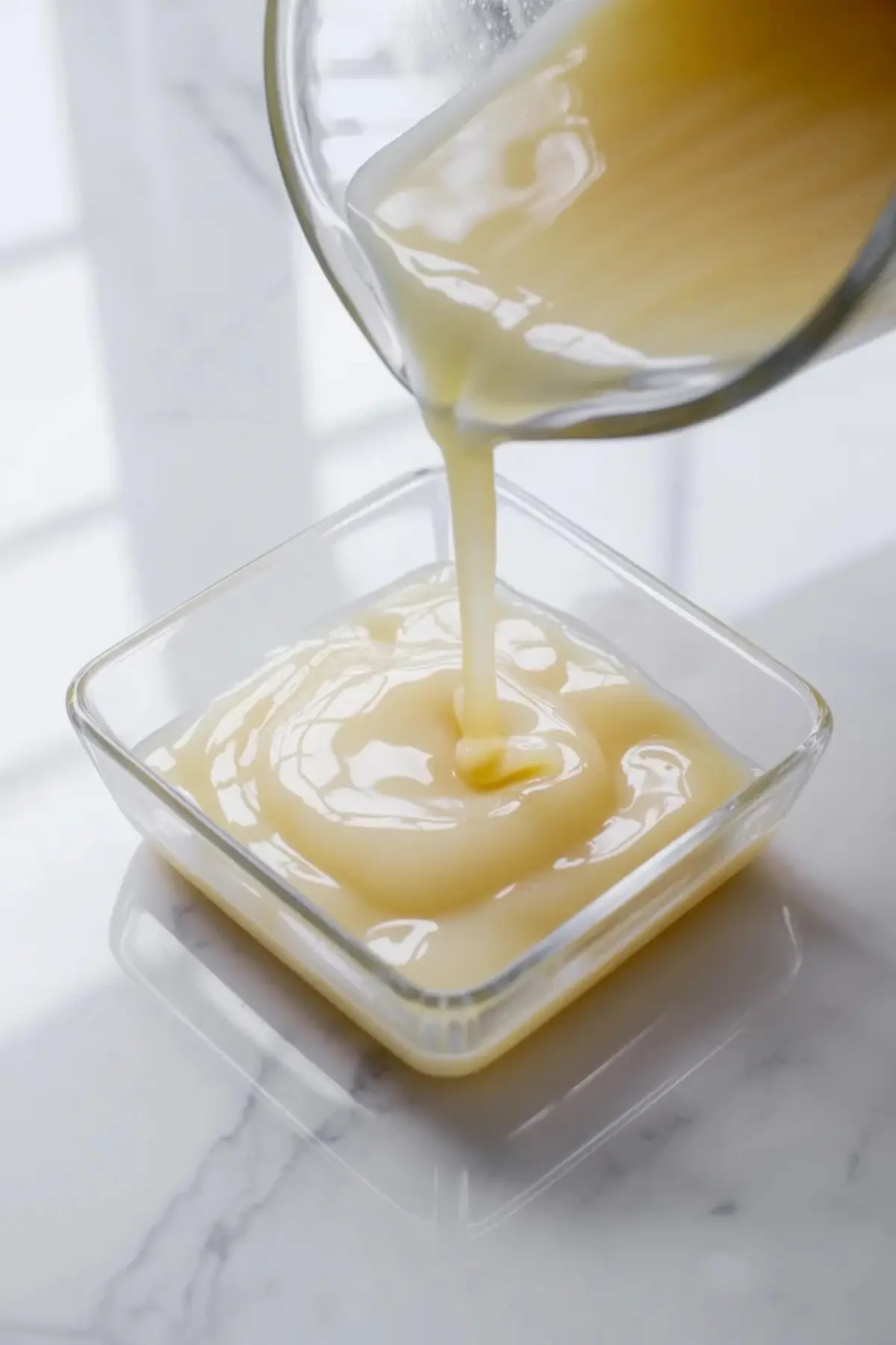 Coconut jelly mixture is being poured into a square glass dish before chilling so the dessert can set into neat slices.