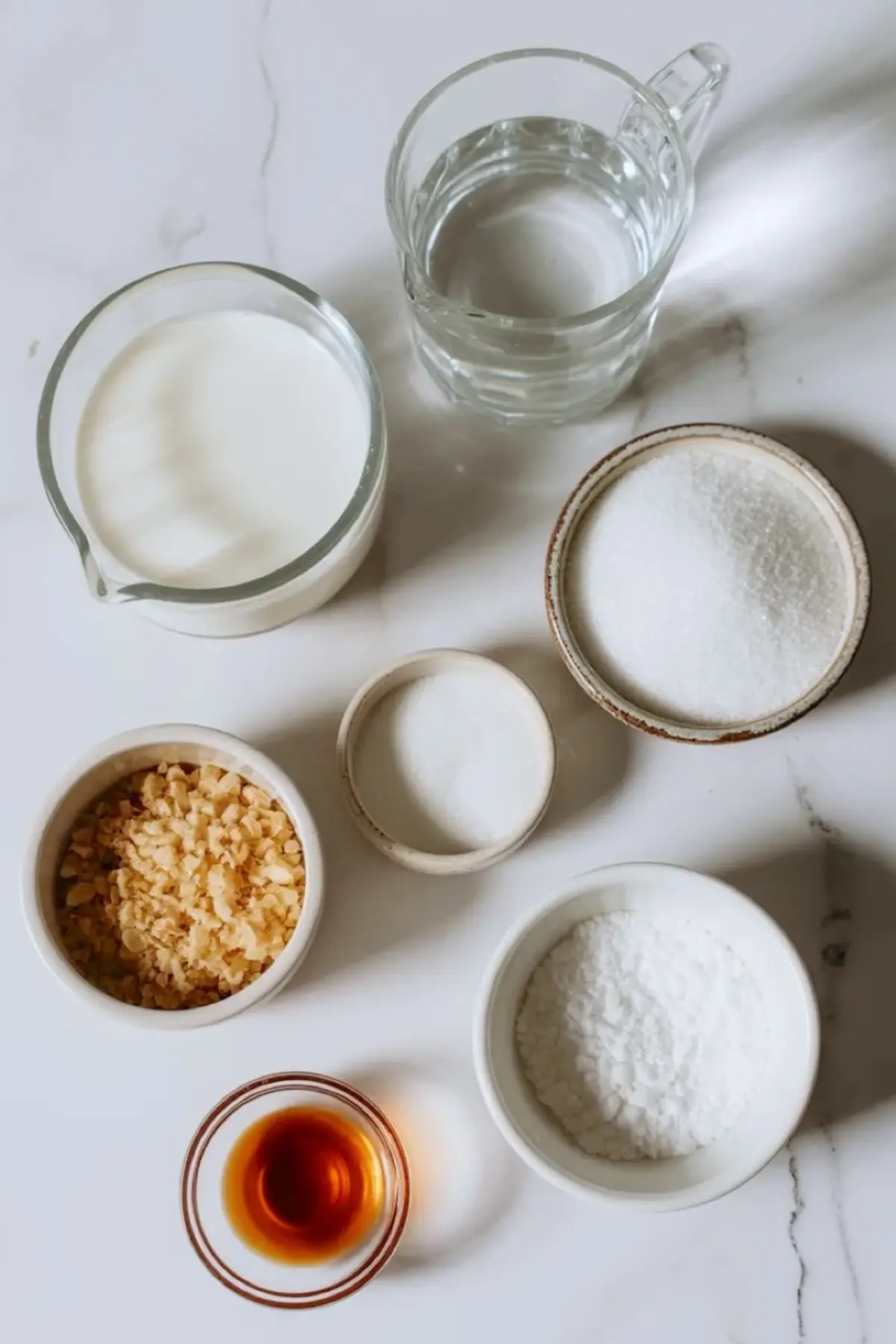 Ingredients for coconut jelly are arranged on a marble countertop with coconut milk, sugar, water, agar, vanilla, and fresh coconut pieces.