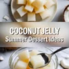 Finished coconut jelly dessert is served in small bowls with soft jelly cubes, syrup, and coconut pieces with title text overlay.