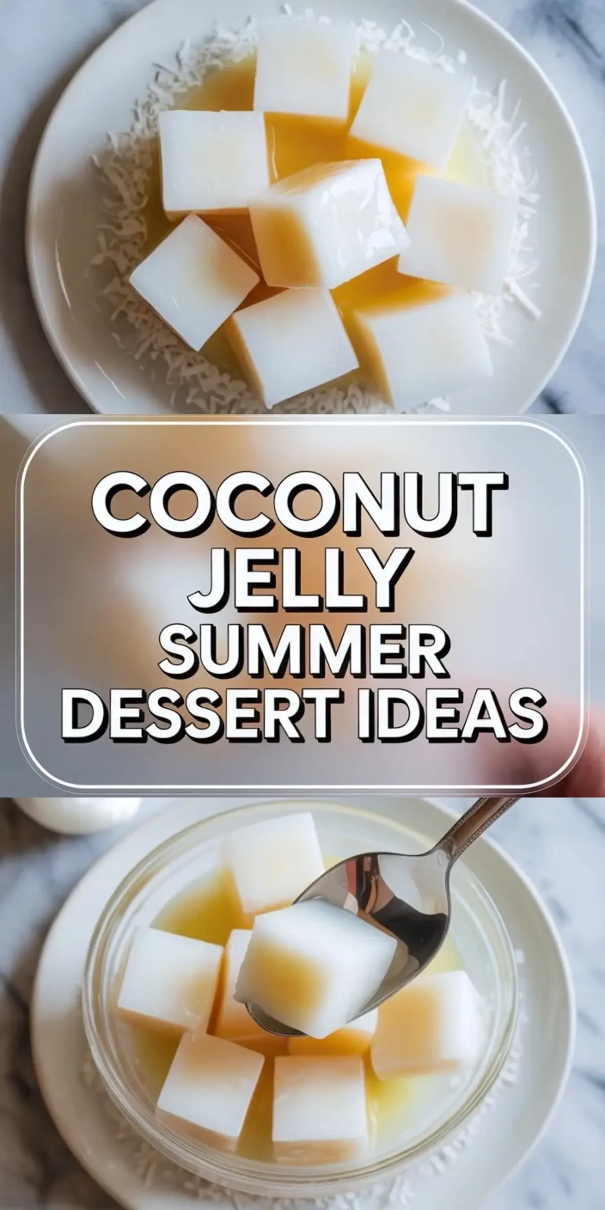 Tall coconut jelly dessert collage with chilled jelly cubes and summer dessert title text.