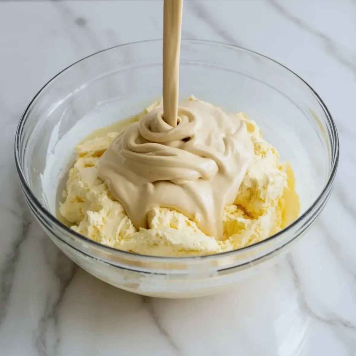 Sweetened condensed milk being poured into whipped butter in a glass bowl during the mixing stage for condensed milk frosting.