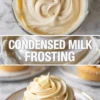 Condensed milk frosting hero image with a smooth swirl of frosting in a bowl, title text, and a vanilla cupcake topped with a piped buttercream swirl.