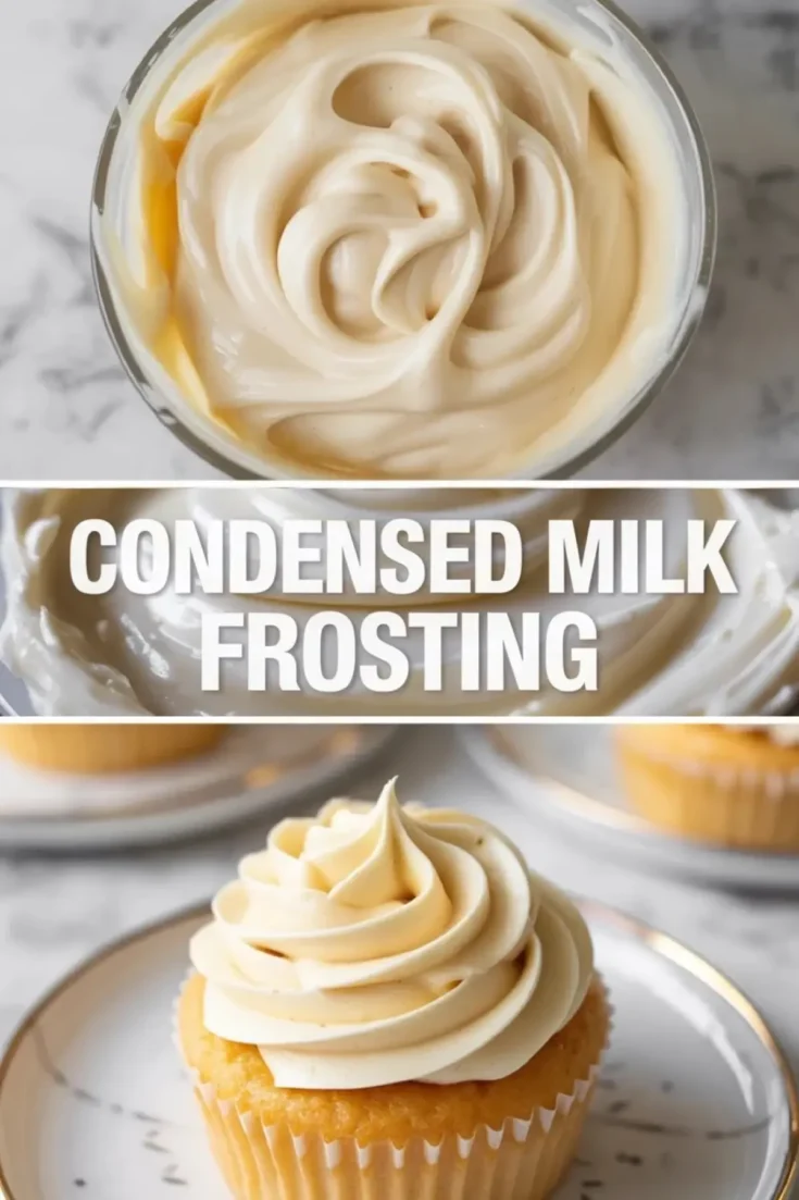 Condensed milk frosting hero image with a smooth swirl of frosting in a bowl, title text, and a vanilla cupcake topped with a piped buttercream swirl.