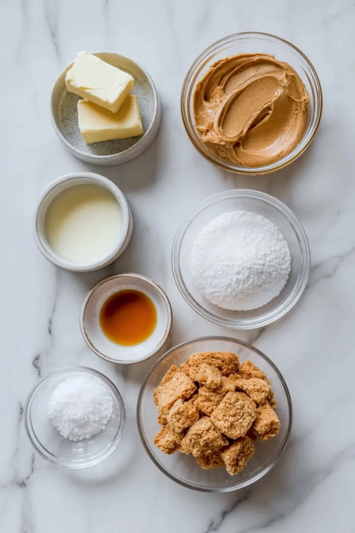 Ingredients for cookie butter frosting are arranged on white marble with butter, cookie butter spread, powdered sugar, cream, vanilla, salt, and cookie crumbs.