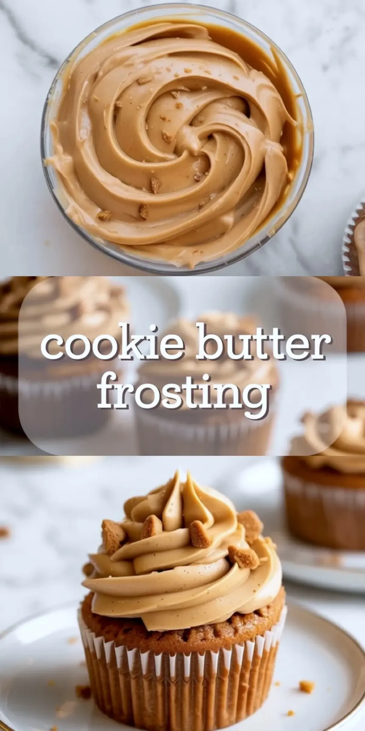 Tall cookie butter frosting collage with a frosted cupcake, bowl of frosting, and cookie butter title graphic.