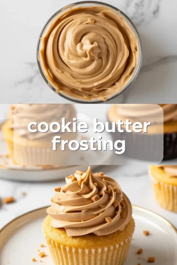 Cookie butter frosting swirled onto a cupcake beside a bowl of fluffy Biscoff buttercream with title text overlay.