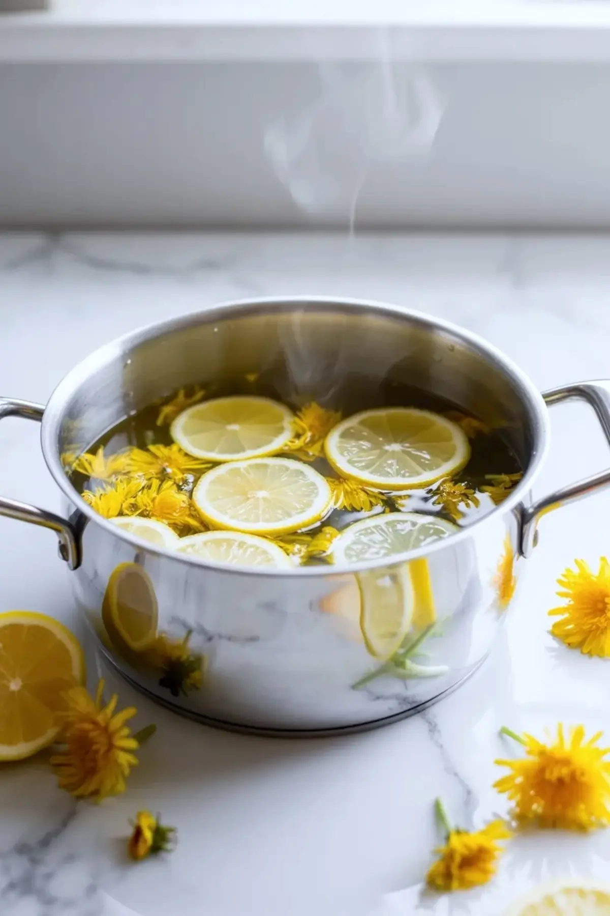 Dandelion petals and lemon slices steeping in water in a pot for dandelion honey before straining.